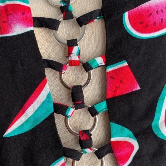 LF Millau Watermelon Pattern Romper Tank Strap Shorts Silver Metal Ring Cutouts - Picture 7 of 10